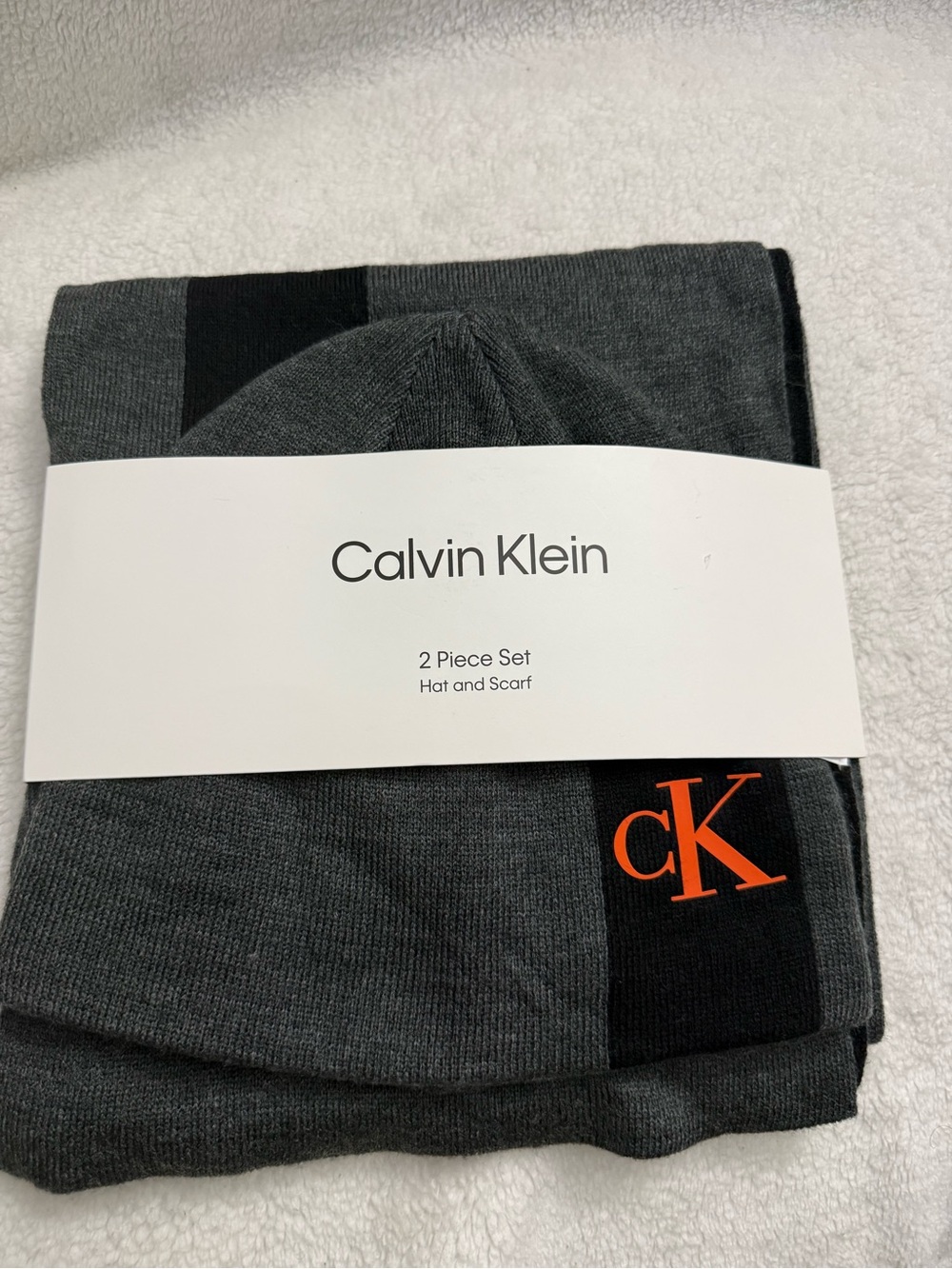 Calvin Klein Gray Knit Hat and Scarf Set with Orange CK Accent